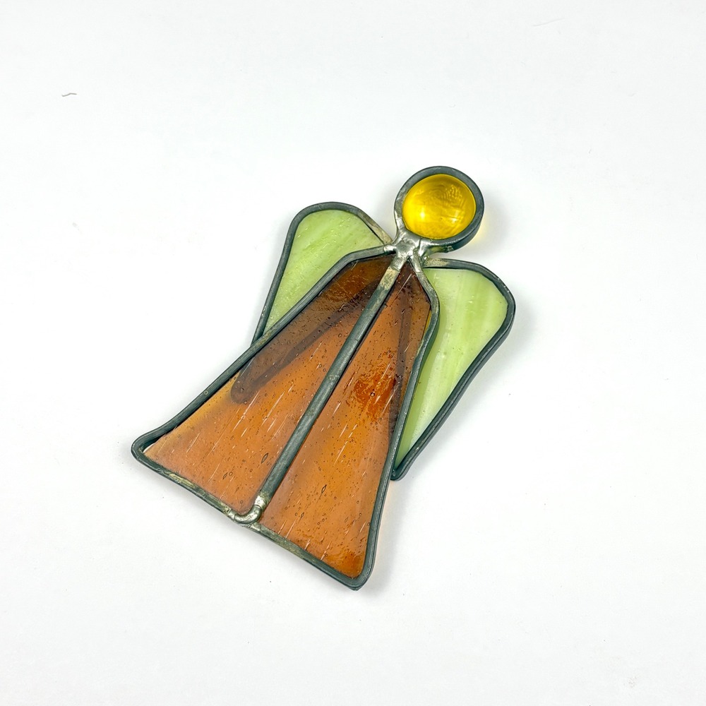 Vintage Angel Suncatcher Amber Stained Slag Glass Religious Handcrafted Decor